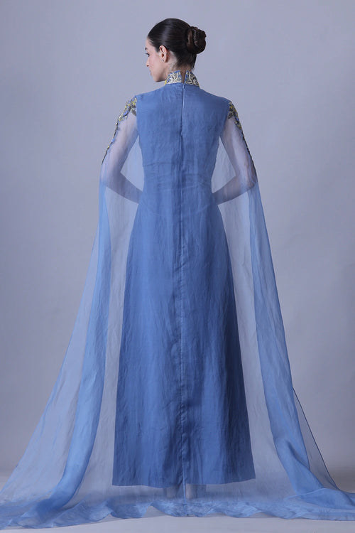 Blue Gown With Artisanal Embroidery And Ethereal Cape Sleeves