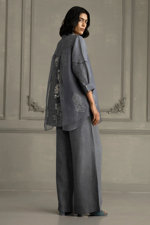 Stone Blue Embroidered Linen Shirt And Flared Pants Set