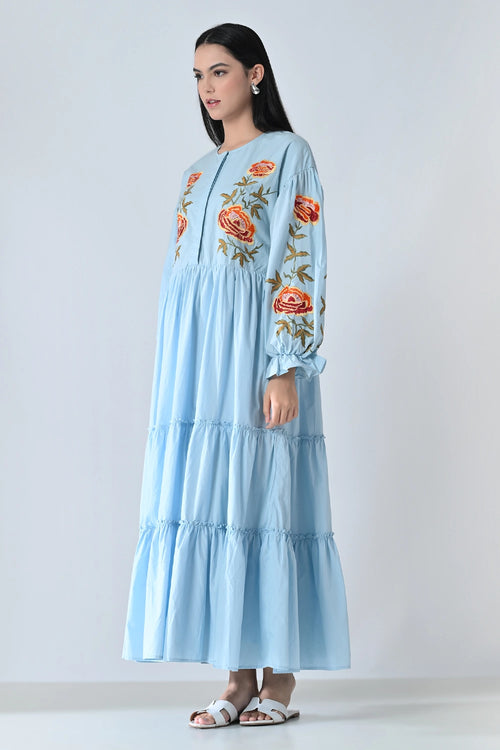 Powder Blue Embroidered Tiered Dress