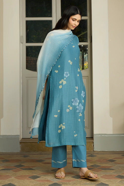 Ocean Blue Applique Cotton Kurta Set