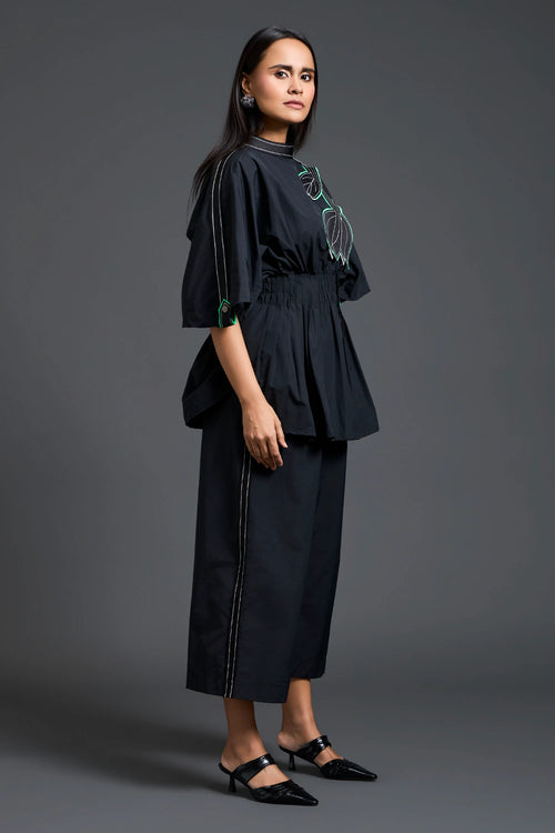 Black Smocked Floral Peplum Co-ord Set