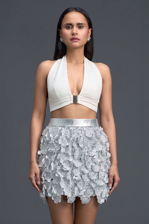 White Halter Crop Top and Silver Floral Mini Skirt