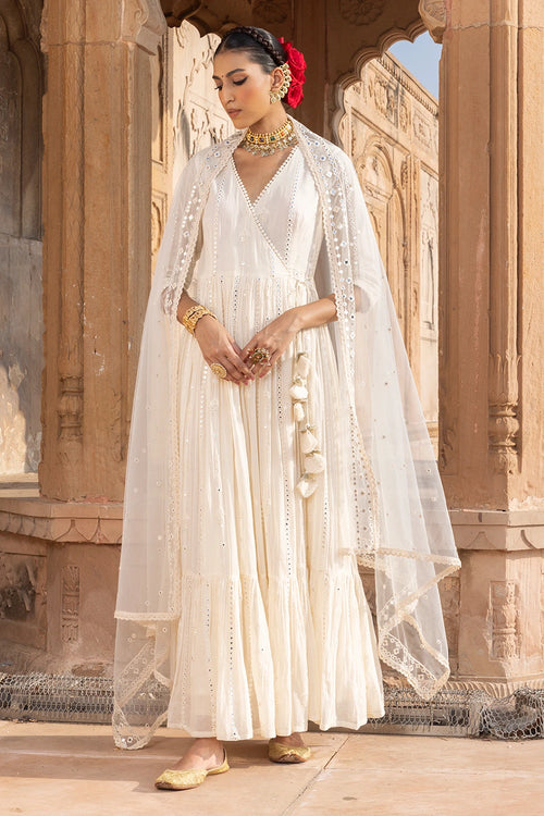 Off White Criss Cross Angrakha with Embroidered Dupatta