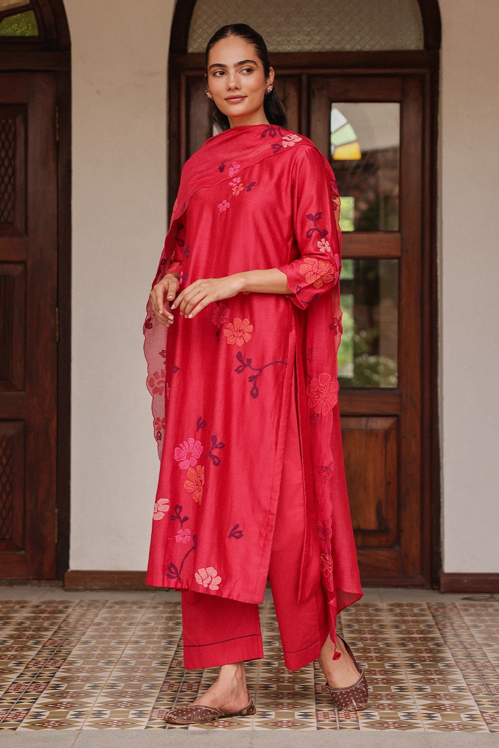 Rosewood Silk Applique Kurta Set