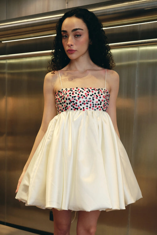 White Hand Embellished Voluminous Mini Dress