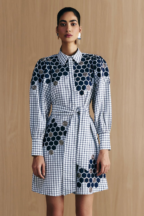 Blue & White Check Embellished Shirt Dress