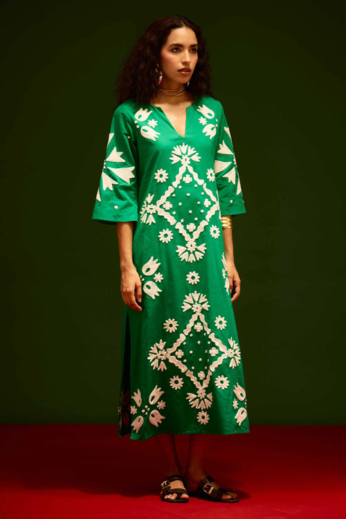 Avocado Green Cotton Maxi Dress with Thread Embroidery