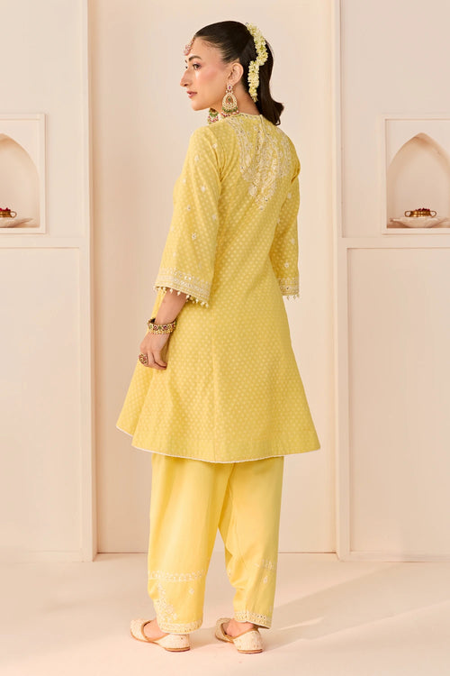 Nida Lemon Yellow Short Choga with Farshi Salwar and Dupatta