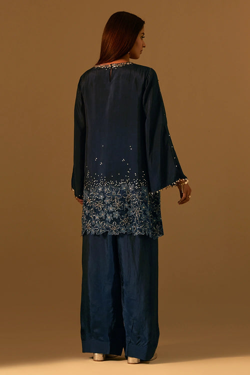 Navy Floral Threadwork Silk Salwar Set