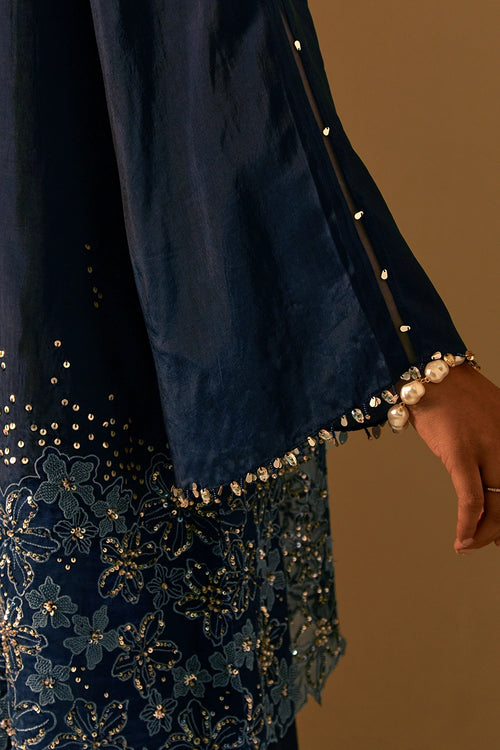 Navy Floral Threadwork Silk Salwar Set