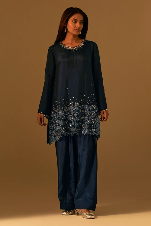 Navy Floral Threadwork Silk Salwar Set