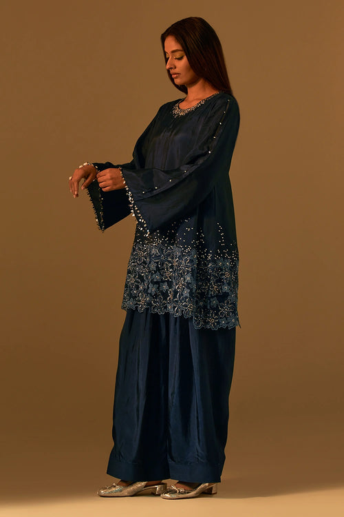 Navy Floral Threadwork Silk Salwar Set