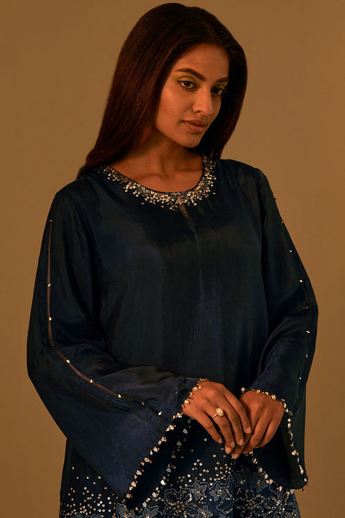 Navy Floral Threadwork Silk Salwar Set