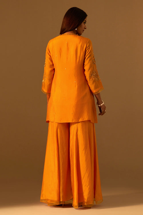 Tangerine Floral Embroidered Silk Sharara Set
