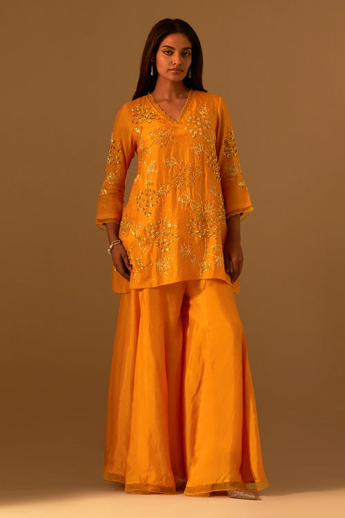 Tangerine Floral Embroidered Silk Sharara Set