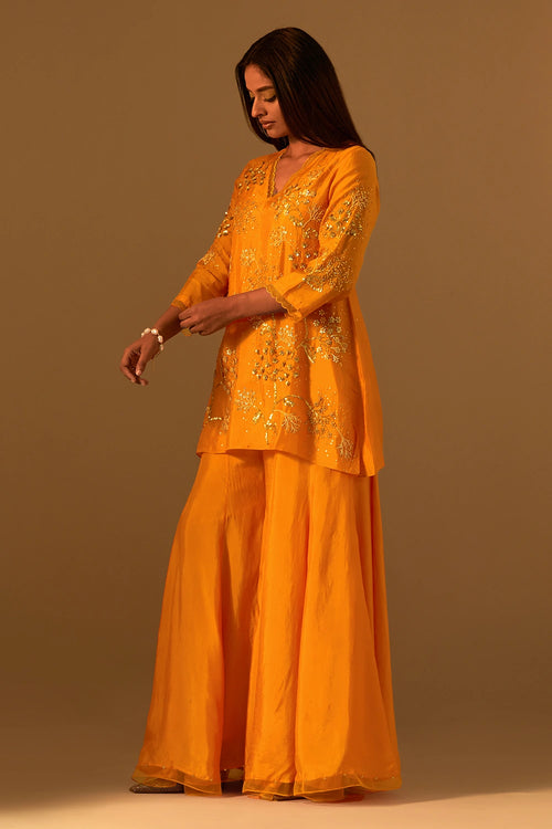 Tangerine Floral Embroidered Silk Sharara Set