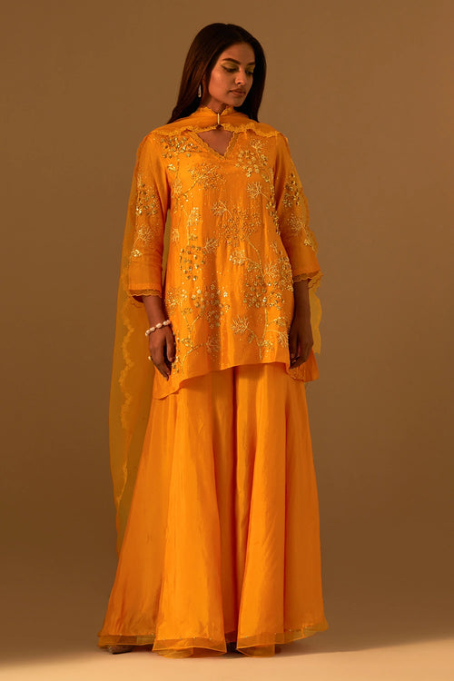 Tangerine Floral Embroidered Organza Dupatta