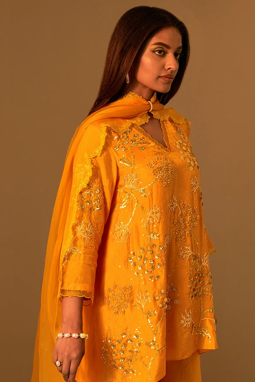 Tangerine Floral Embroidered Organza Dupatta