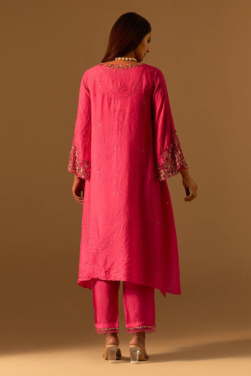 Hot Pink Embellished Silk Kurta Set