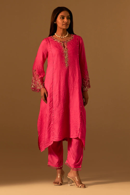 Hot Pink Embellished Silk Kurta Set