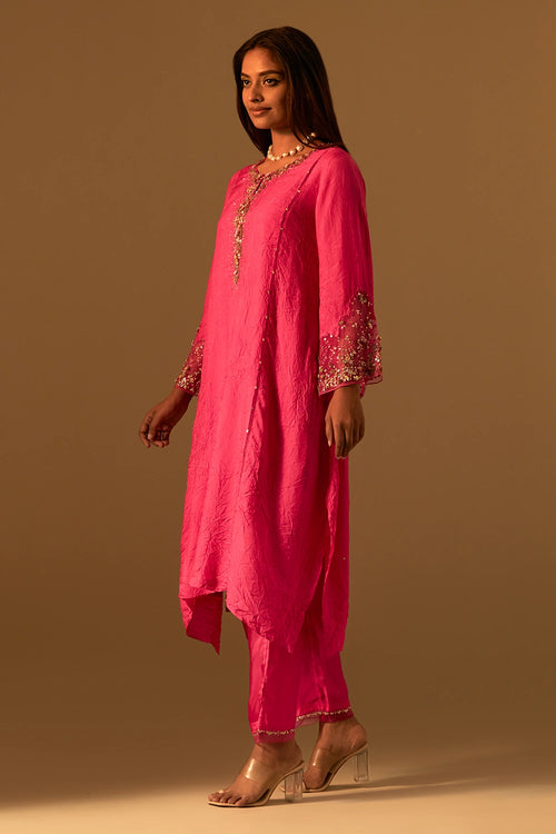 Hot Pink Embellished Silk Kurta Set