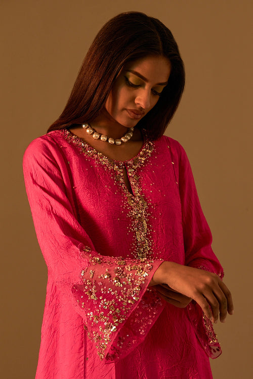 Hot Pink Embellished Silk Kurta Set