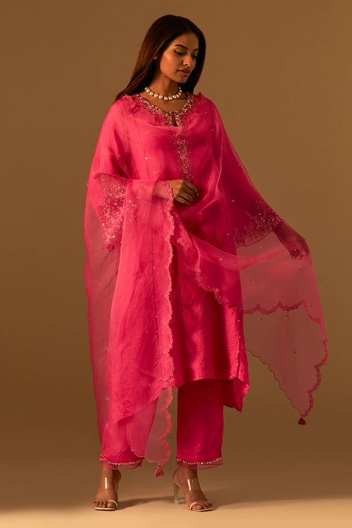 Floral Embroidered Organza Hot Pink Dupatta