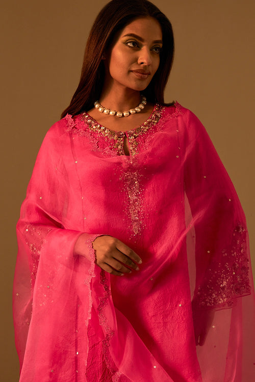 Floral Embroidered Organza Hot Pink Dupatta