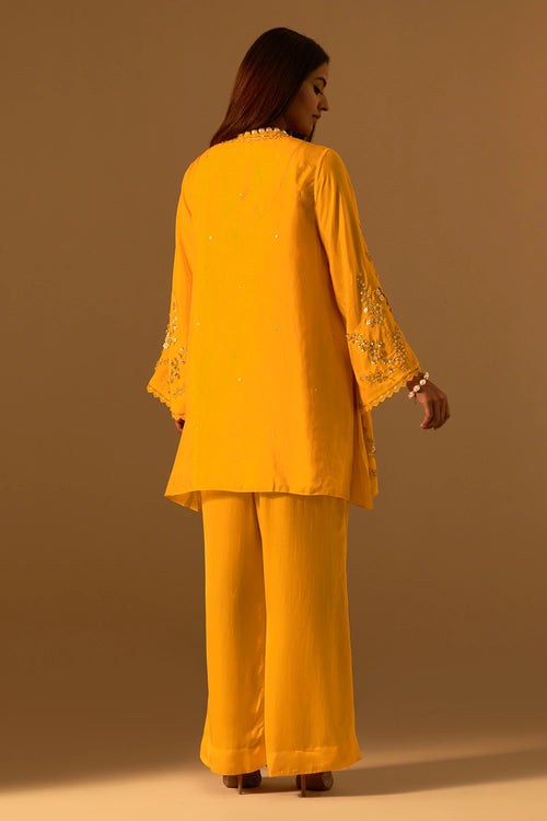 Floral Embroidered Silk Saffron Co-ord Set