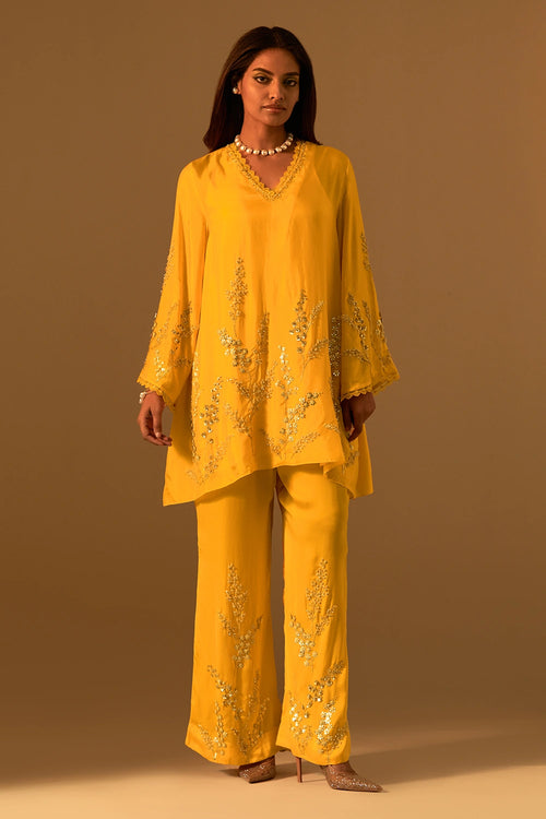 Floral Embroidered Silk Saffron Co-ord Set