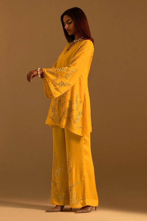 Floral Embroidered Silk Saffron Co-ord Set