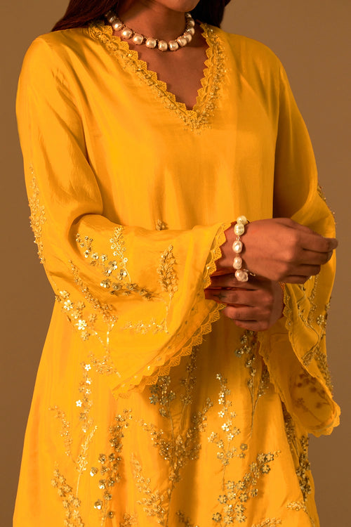 Floral Embroidered Silk Saffron Co-ord Set