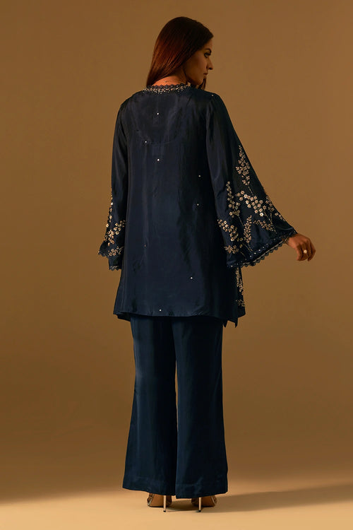 Floral Embroidered Silk Navy Co-ord Set