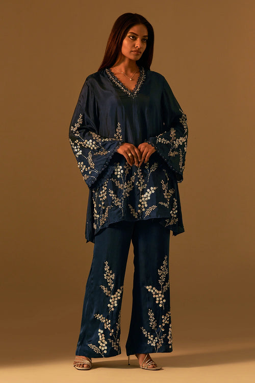 Floral Embroidered Silk Navy Co-ord Set