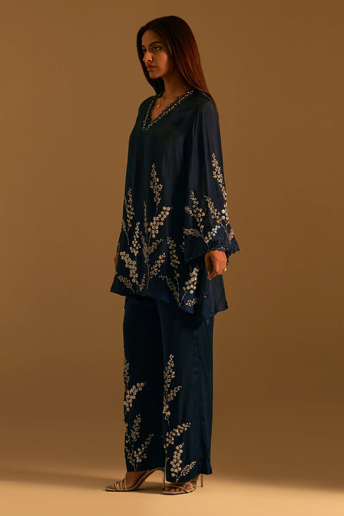 Floral Embroidered Silk Navy Co-ord Set
