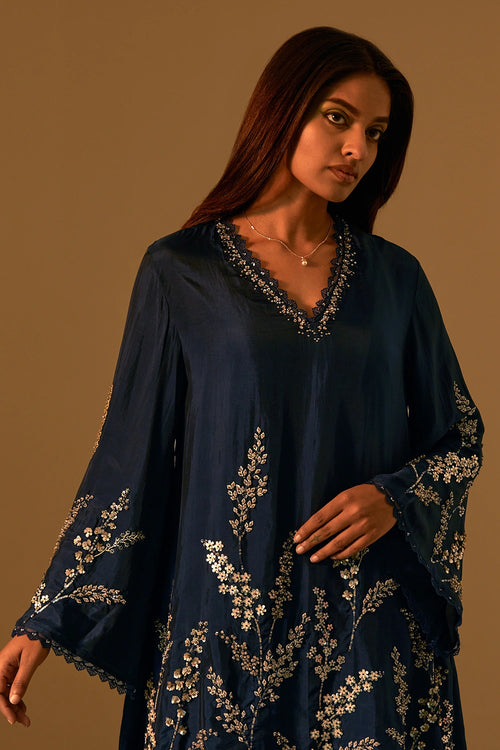 Floral Embroidered Silk Navy Co-ord Set