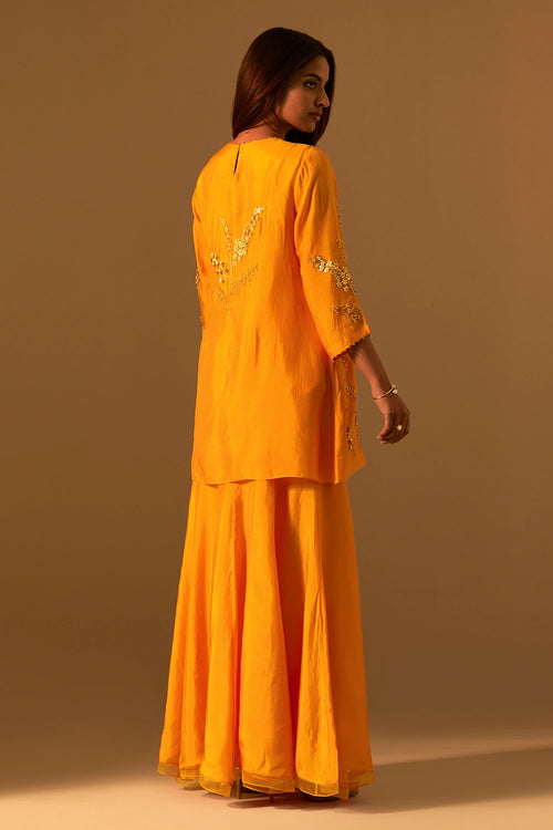 Floral Embroidered Silk Tangerine Sharara Set