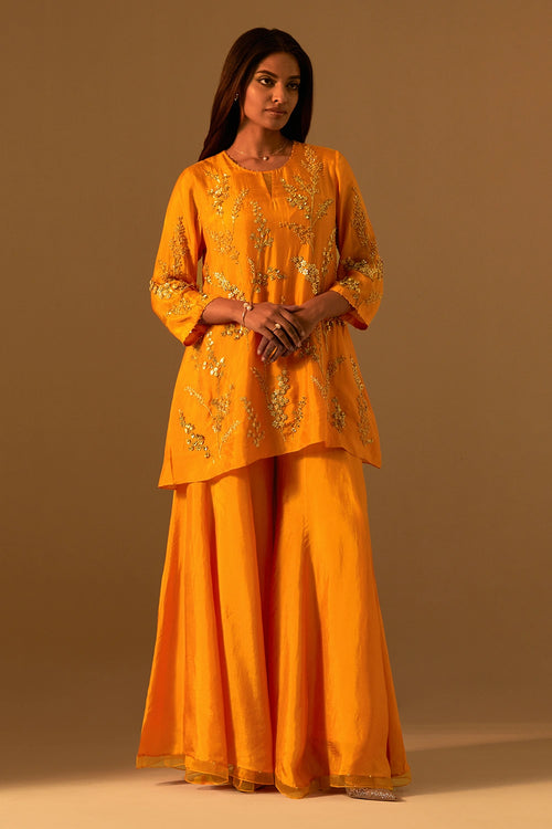 Floral Embroidered Silk Tangerine Sharara Set