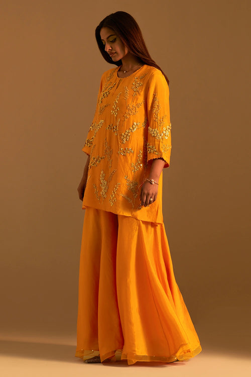 Floral Embroidered Silk Tangerine Sharara Set