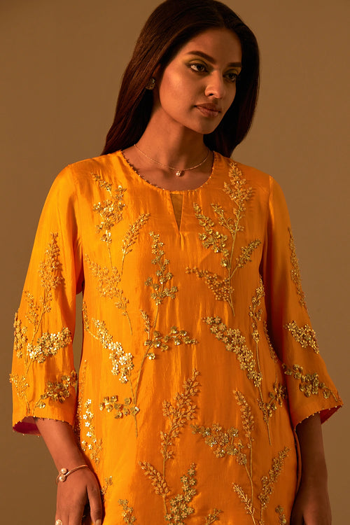 Floral Embroidered Silk Tangerine Sharara Set