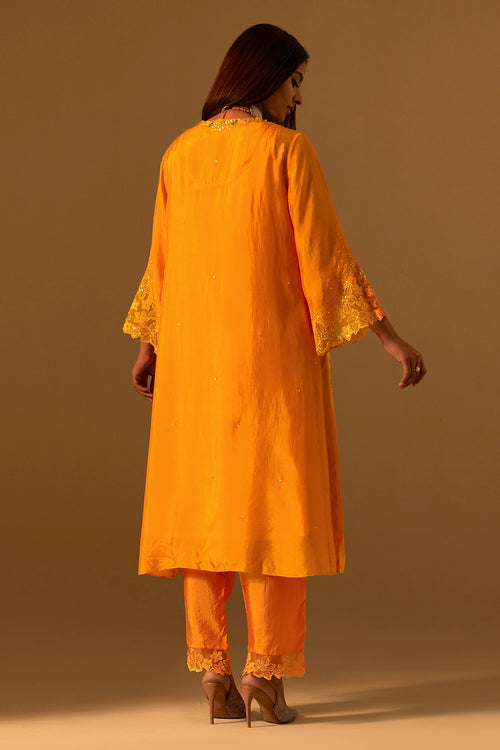 Tangerine Floral Threadwork Organza Kurta Set