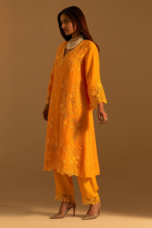 Tangerine Floral Threadwork Organza Kurta Set