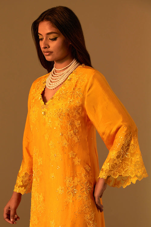 Tangerine Floral Threadwork Organza Kurta Set