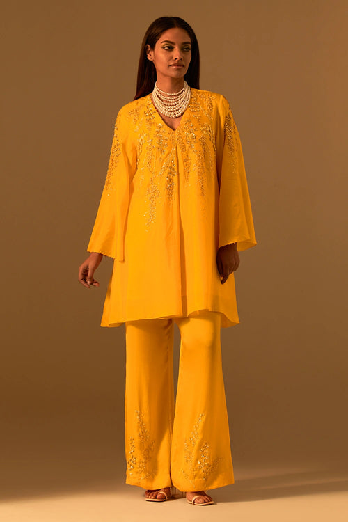 Saffron Floral Embroidered Silk Co-ord Set