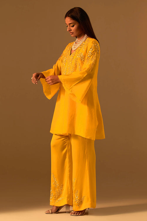 Saffron Floral Embroidered Silk Co-ord Set