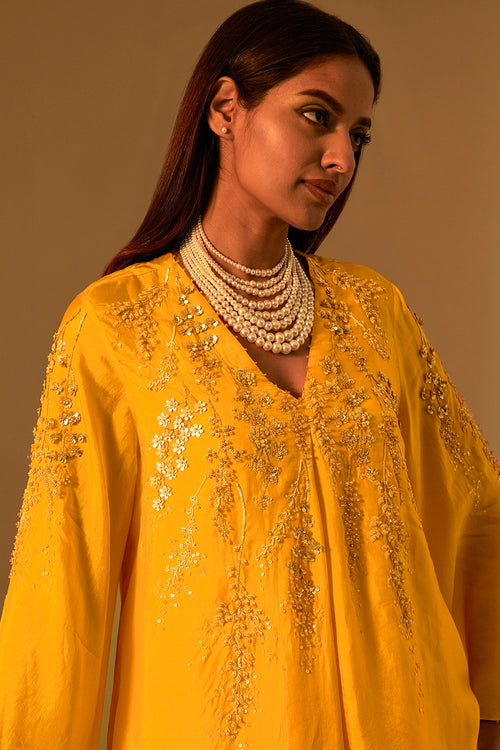 Saffron Floral Embroidered Silk Co-ord Set