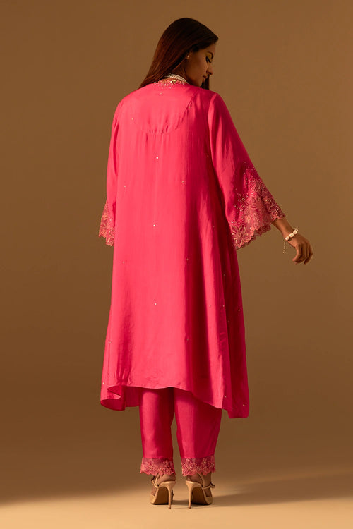 Hot Pink Floral Threadwork Organza Kurta Set