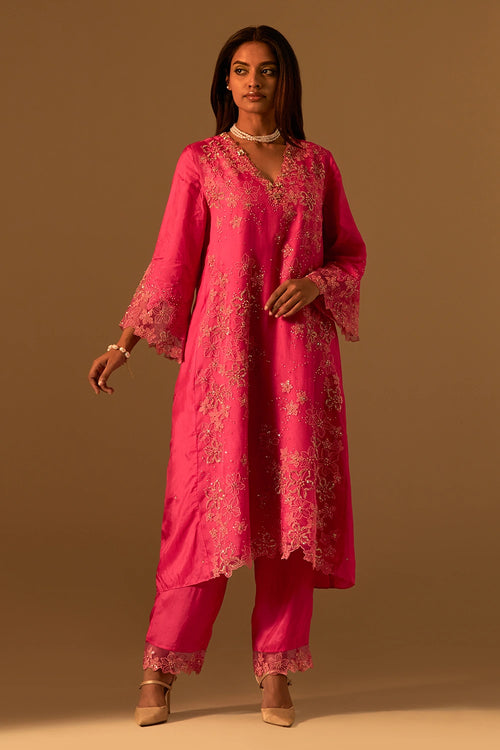 Hot Pink Floral Threadwork Organza Kurta Set