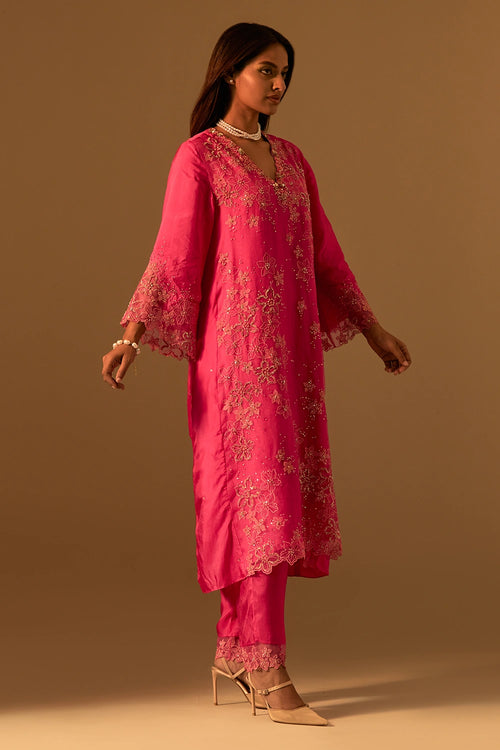 Hot Pink Floral Threadwork Organza Kurta Set