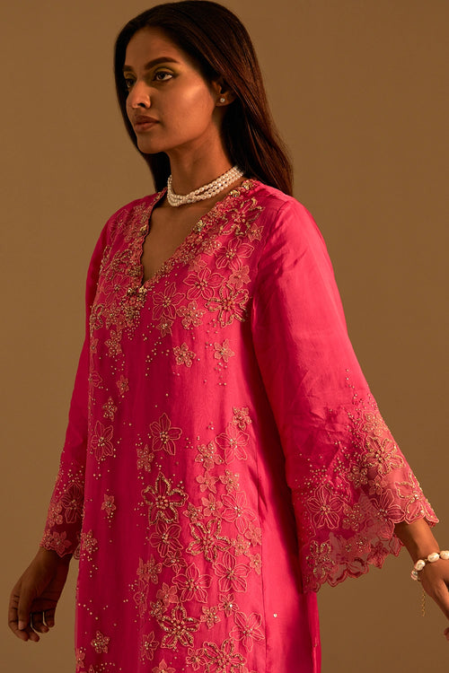 Hot Pink Floral Threadwork Organza Kurta Set